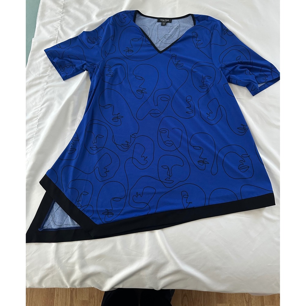 Arna York Collection Blue Black Abstract Face Print Asymmetrical Tunic Top 18/20